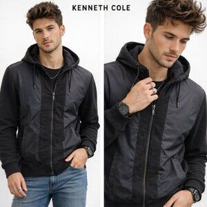 Kenneth Cole Black Zip Hoodie Cotton Nylon Hybrid Drawstring Men XLARGE